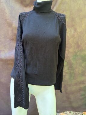 Black Wool Nancy Heller Turtleneck Sweater with Embroidered Sleeves